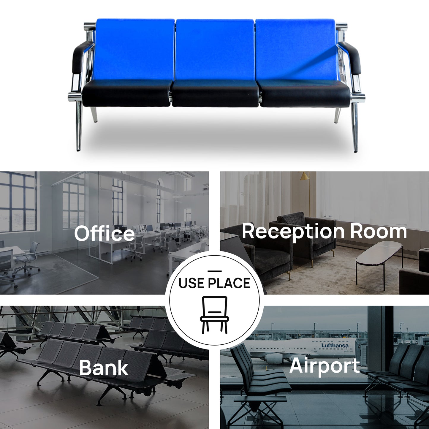 Bestmart INC 3-Seat Office Reception Sofa Waiting Room Bench Visitor Guest Sofa Airport Clinic Seat (Blue / Black)