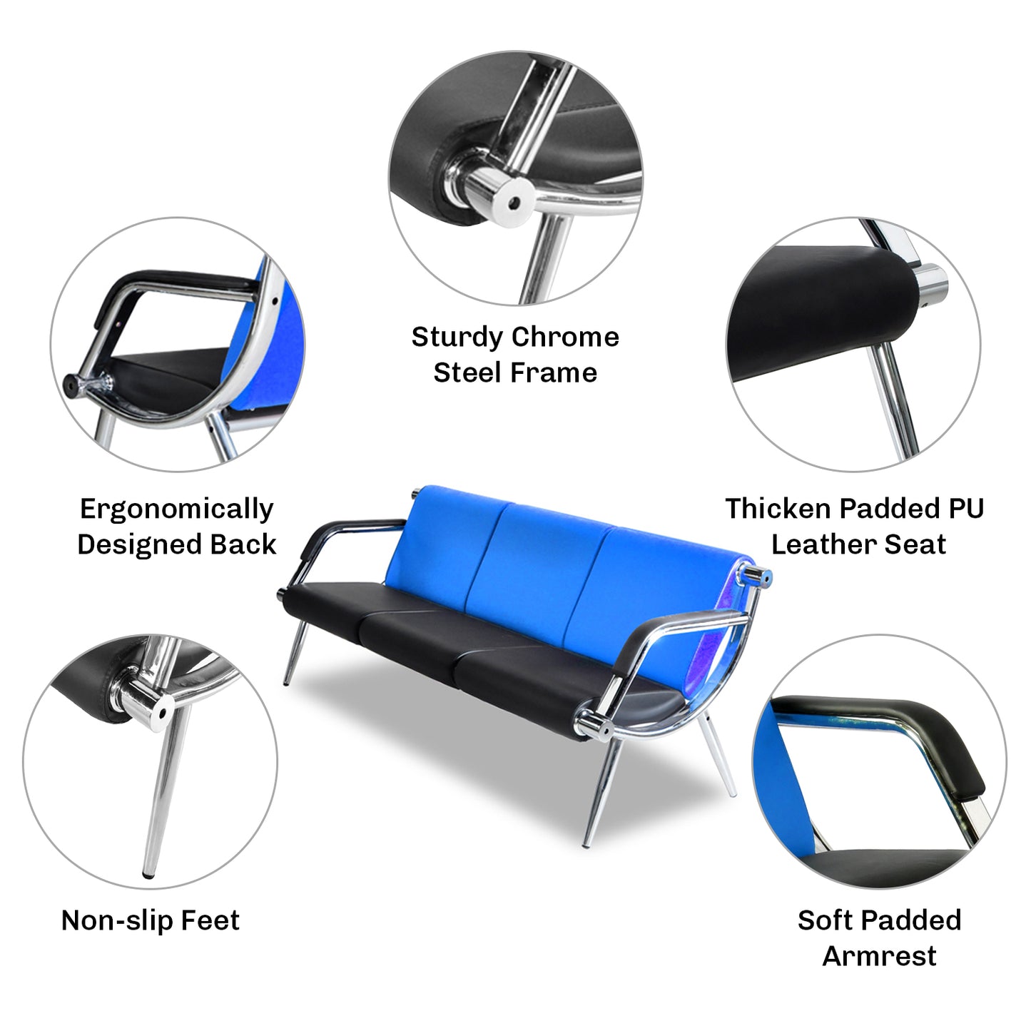 Bestmart INC 3-Seat Office Reception Sofa Waiting Room Bench Visitor Guest Sofa Airport Clinic Seat (Blue / Black)
