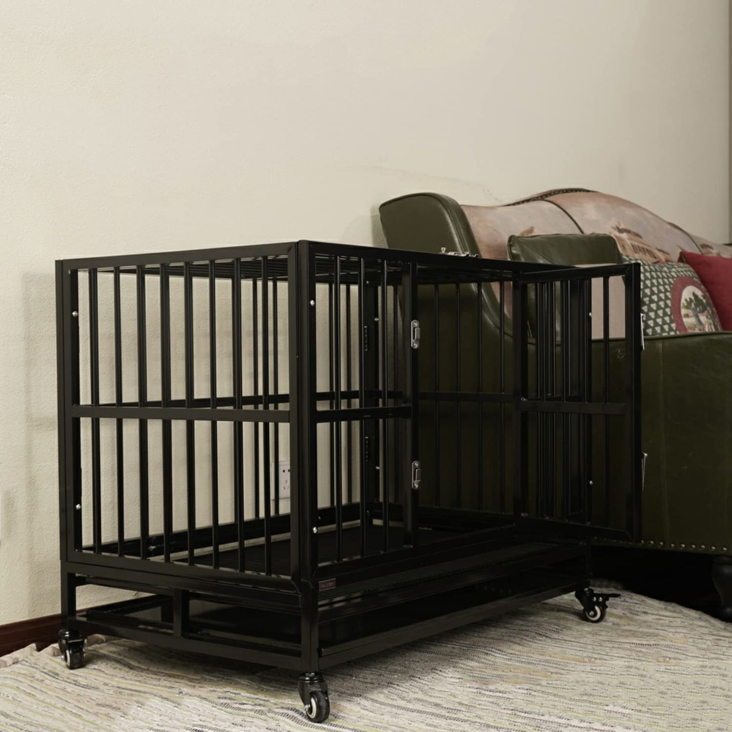 Heavy Duty Dog Crate, Indestructible, High Anxiety Double Door and Removable Tray Design