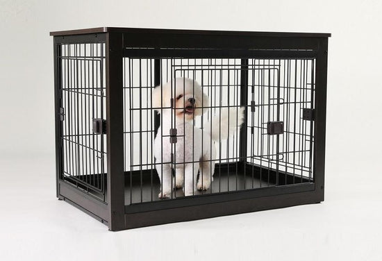 RYPetmia Dog Crate Furniture A rustic style crate end table that doubles as a beautiful piece of home decor. Made of high-quality MDF board. The solid wood dog cage table is spacious enough to place keys, wallets, cups and other sundries. 