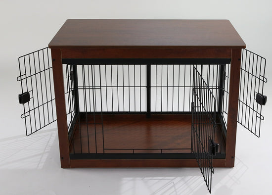 RYPetmia Wooden Dog Crate Furniture with Convenient three-door design. Each door is a thee-lock design. Which can survive a chewing dog! The side door can be installed on the left/right side at will. Firm and safe three-lock design.