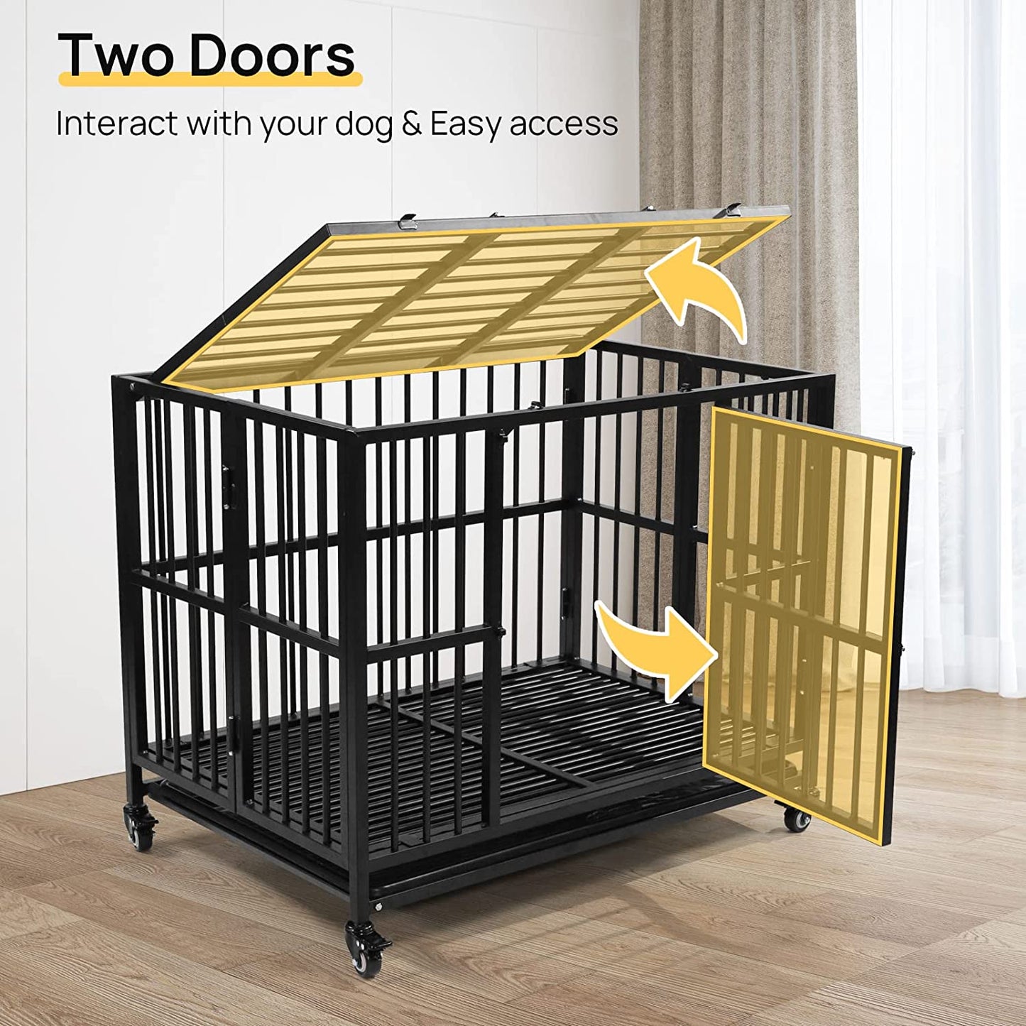 Heavy Duty Dog Crate, Indestructible, High Anxiety Double Door and Removable Tray Design